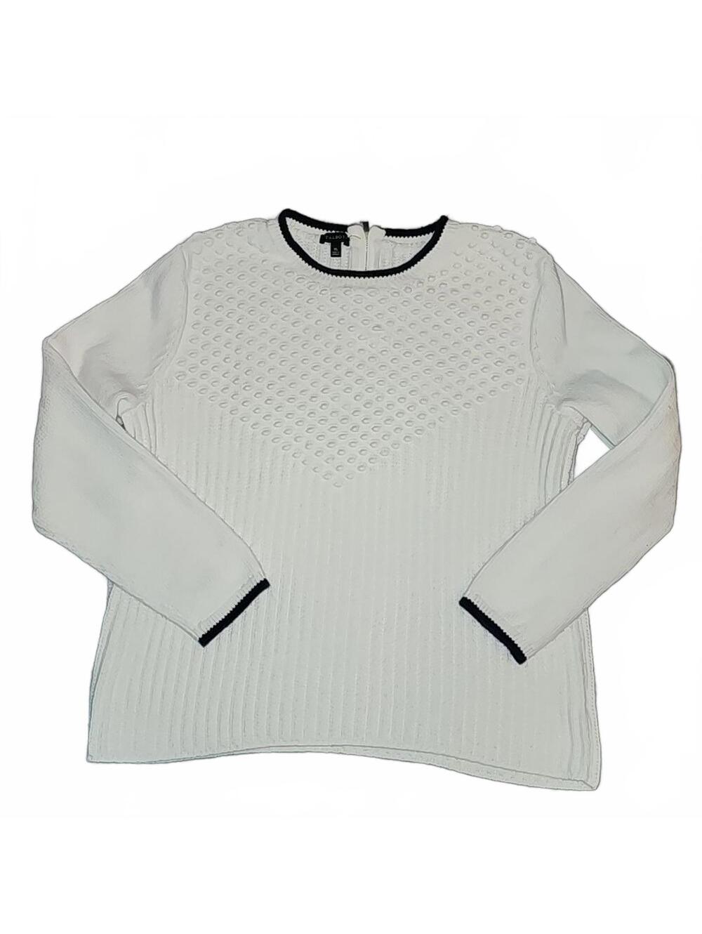 Talbots womens white bobble knit sweater Sz XL navy trim cotton preppy coastal